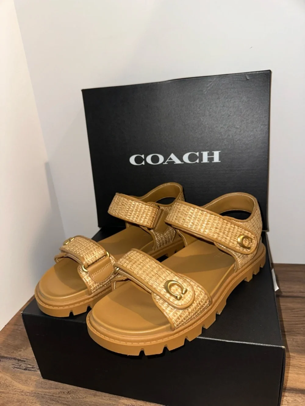 Coach Tan Brynn straw sandals with Gold Hardware - Picture 6 of 8